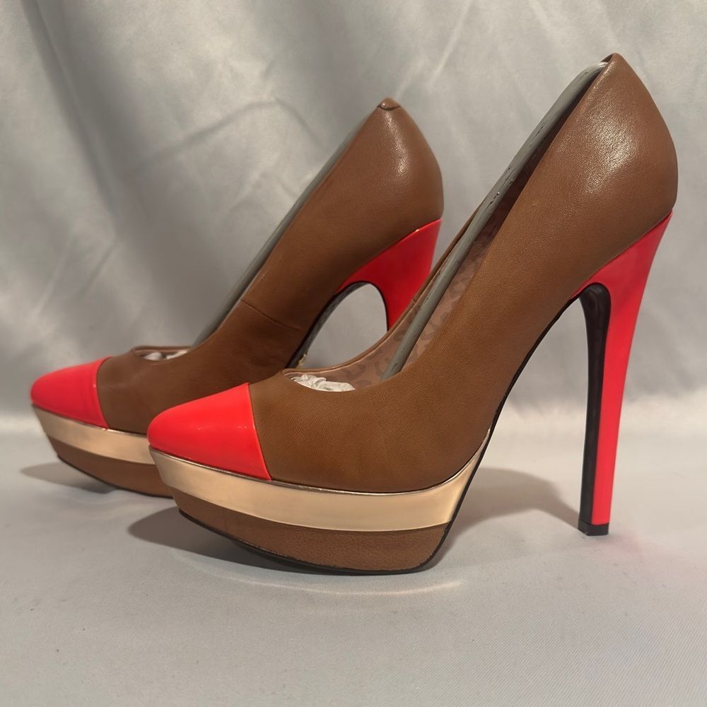Vintage Betsey Johnson Leather Pumps Orange Beige Gold Platform Heels Size 9 - Picture 3 of 6